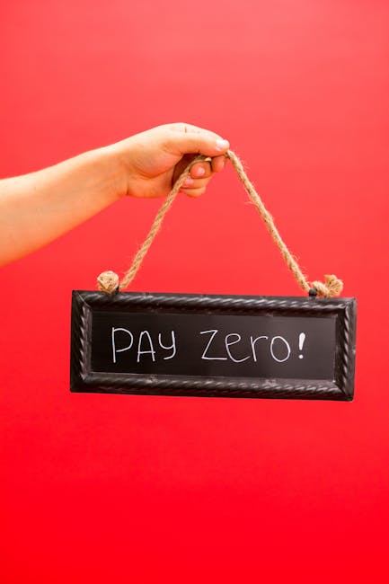 A close-up of a human hand holding a small rectangular blackboard with a textured, glossy surface and a twisted rope hanging from each corner, against a solid bright red background. The blackboard displays the handwritten message 'PAY Zero!' in white chalk-like lettering, with the exclamation mark emphasizing the statement. The person's hand, visible from the wrist, gently grips the rope, which appears coarse and natural in fibre. The overall composition is simple and clear, drawing attention to the message on the blackboard. The red background provides a stark contrast, making the blackboard and hand the focal points. This scene can be associated with concepts of cost-free services or zero-cost waste management initiatives, subtly aligning with themes of affordable or alternative rubbish removal solutions offered by companies like Rubbish Clearance Mayfair, known for their independent and on-site rubbish clearance services in the W1 area.